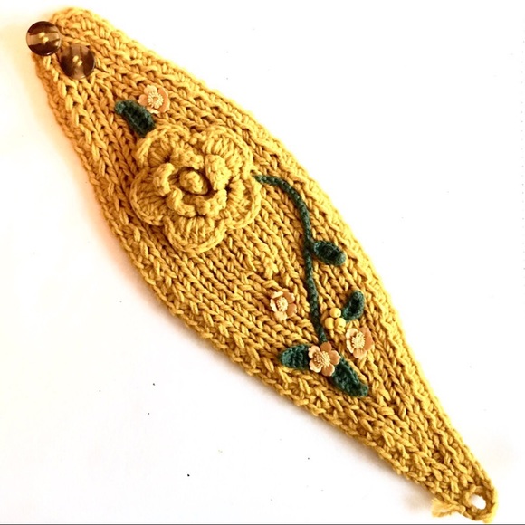 Crocheted/Knit Adjustable Yellow Headband - Picture 4 of 7